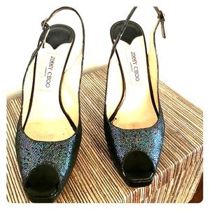Jimmy choo navy metallic peep toe shoes